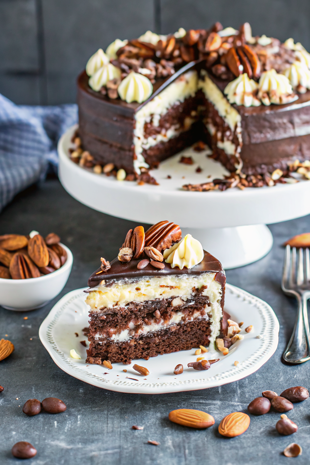 Almond Joy Layer Cake beautifully presented from an overhead angle