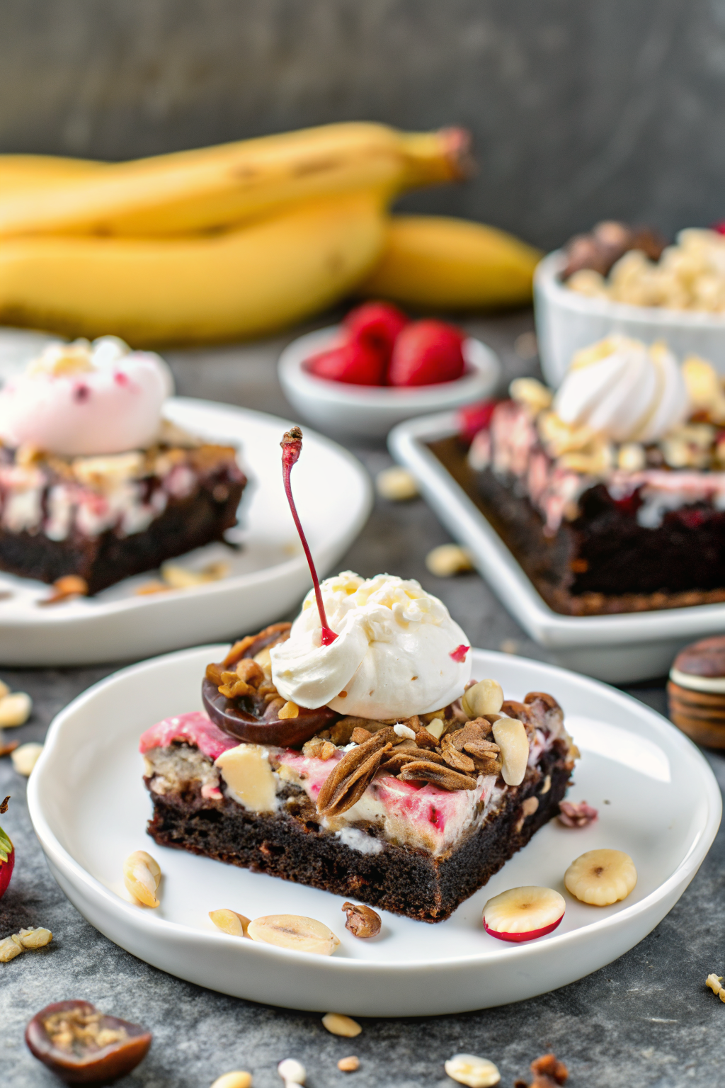 Banana Split Brownies beautifully presented from an overhead angle
