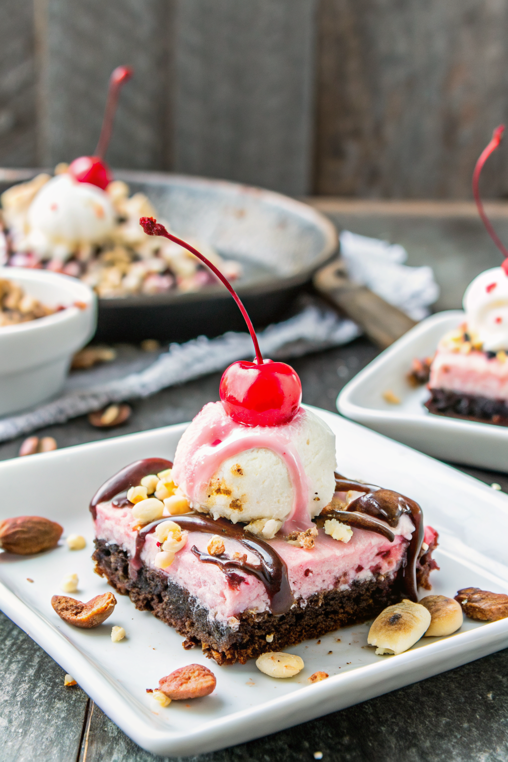 Banana Split Brownies slice on plate showing perfect texture and swirl pattern