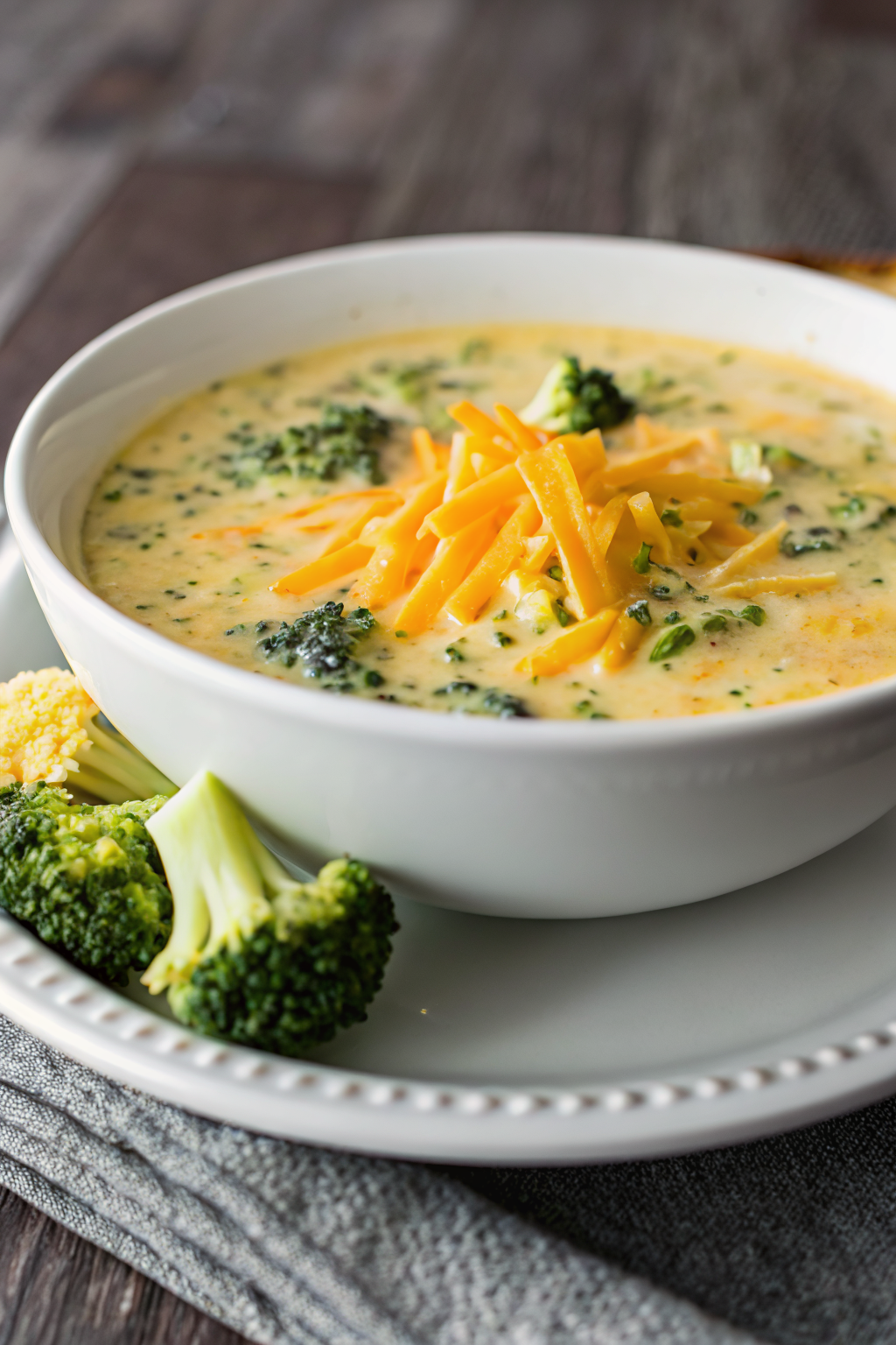Best Broccoli Cheese Soup beautifully presented from an overhead angle