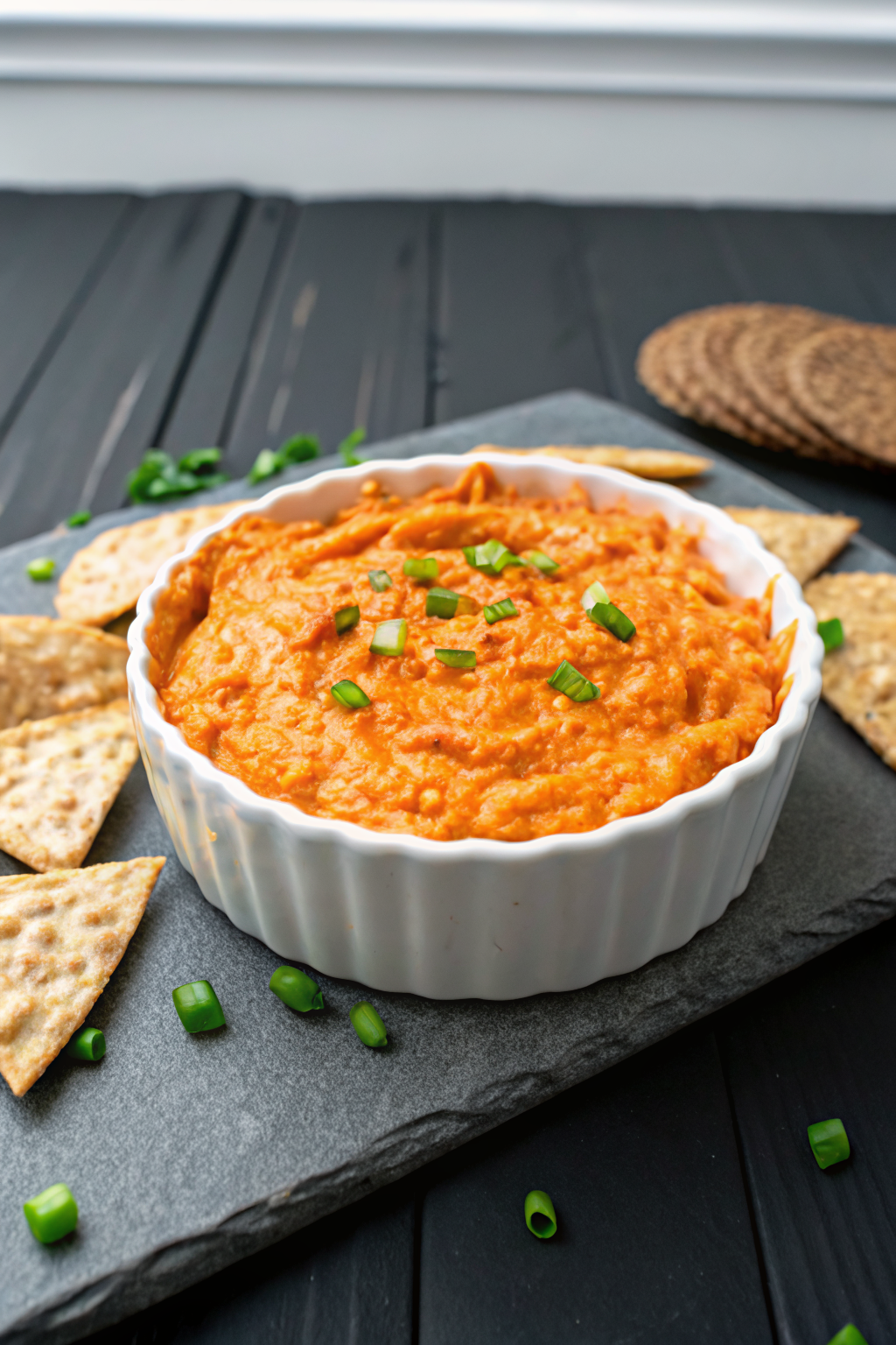 Buffalo Chicken Dip beautifully presented from an overhead angle