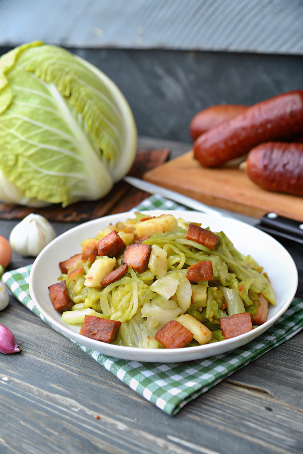 Cabbage Sausage Skillet beautifully presented from an overhead angle