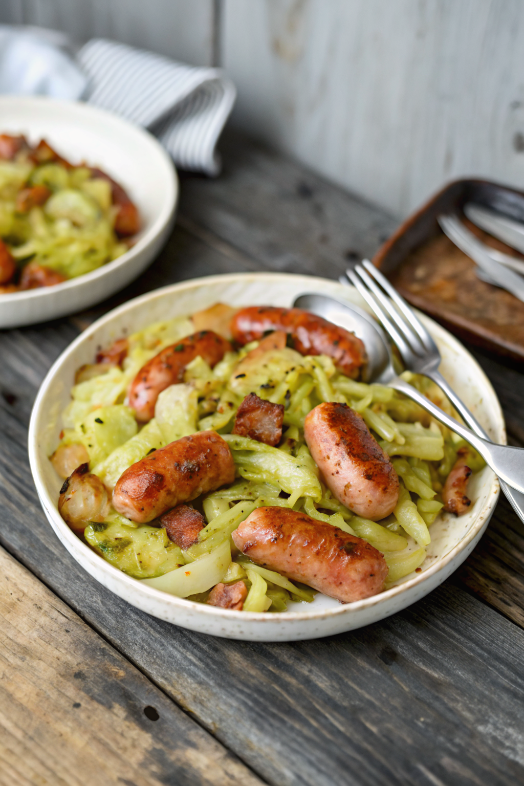 Cabbage Sausage Skillet ingredients organized and measured on kitchen counter