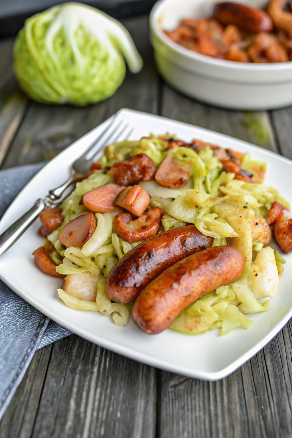 Cabbage Sausage Skillet slice on plate showing perfect texture and swirl pattern