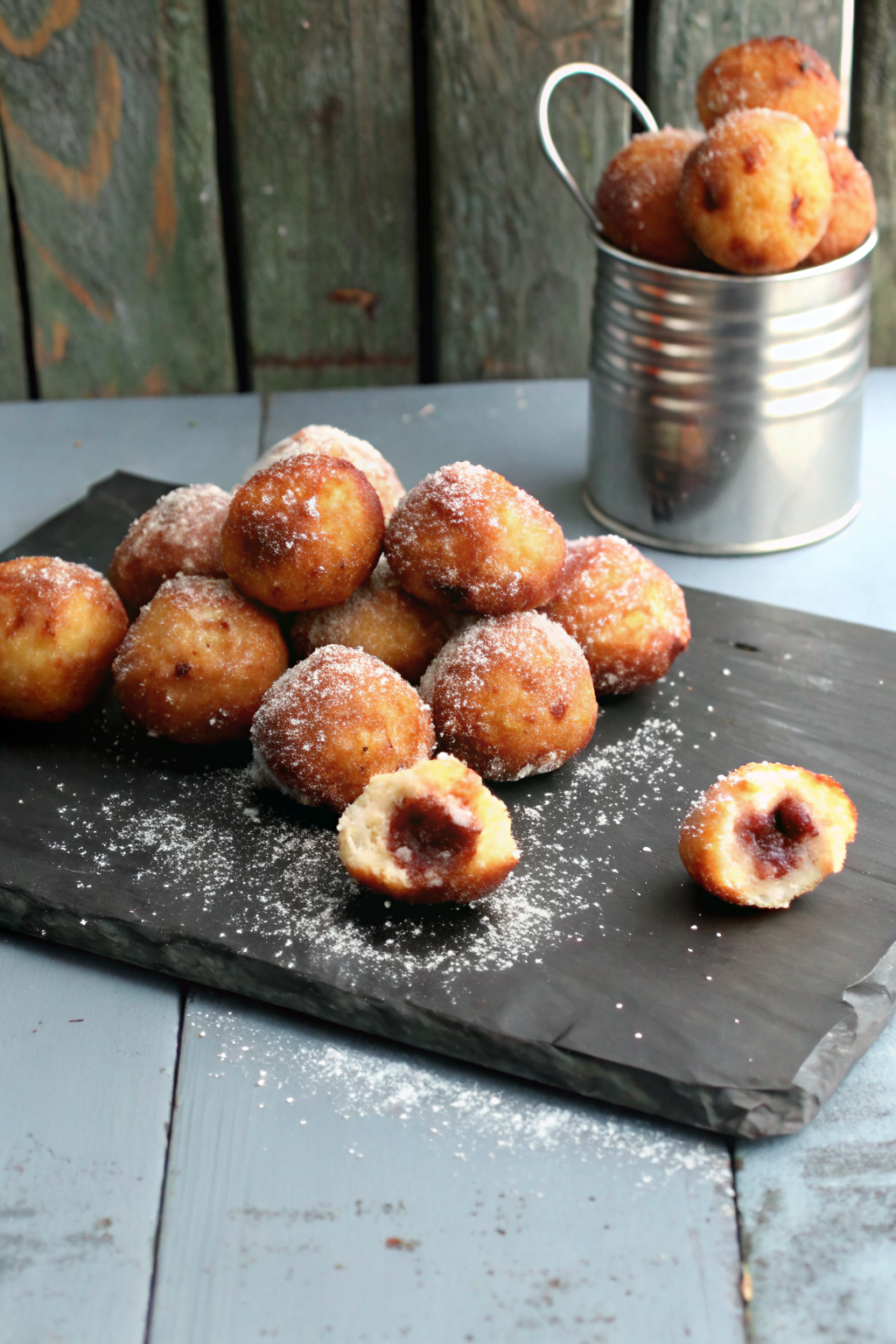 Jelly Donut Holes ingredients organized and measured on kitchen counter