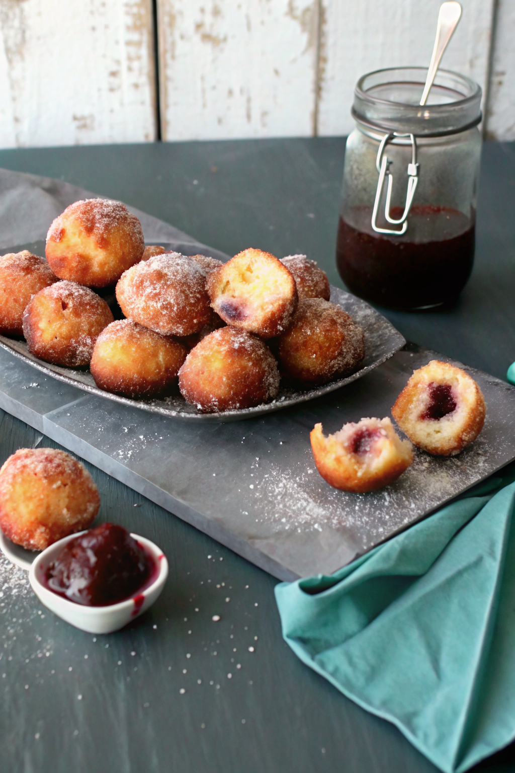 Jelly Donut Holes slice on plate showing perfect texture and swirl pattern