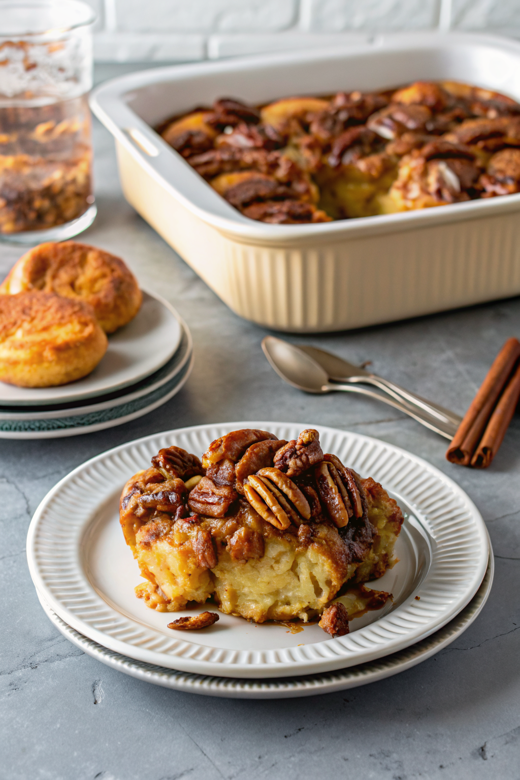 Caramel Pecan Breakfast Casserole beautifully presented from an overhead angle