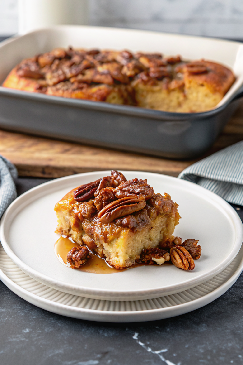 Caramel Pecan Breakfast Casserole slice on plate showing perfect texture and swirl pattern