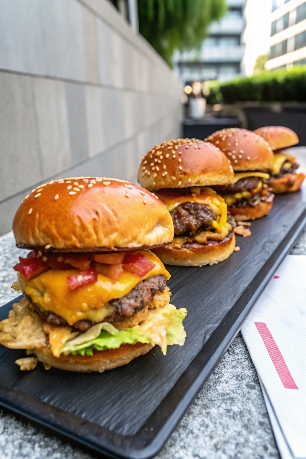 Cheeseburger Sliders beautifully presented from an overhead angle