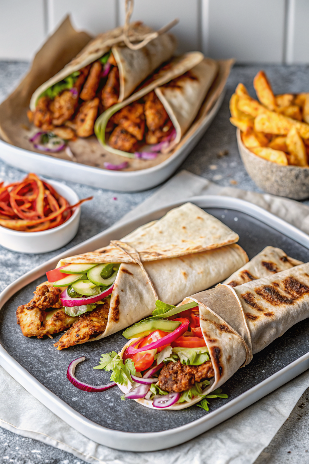 Chicken Shawarma beautifully presented from an overhead angle