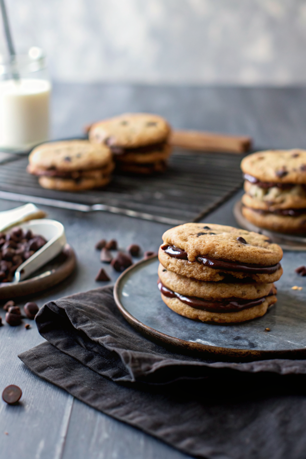 Chocolate Chip Cookie Sandwiches with Nutella Cream Cheese Filling beautifully presented from an overhead angle