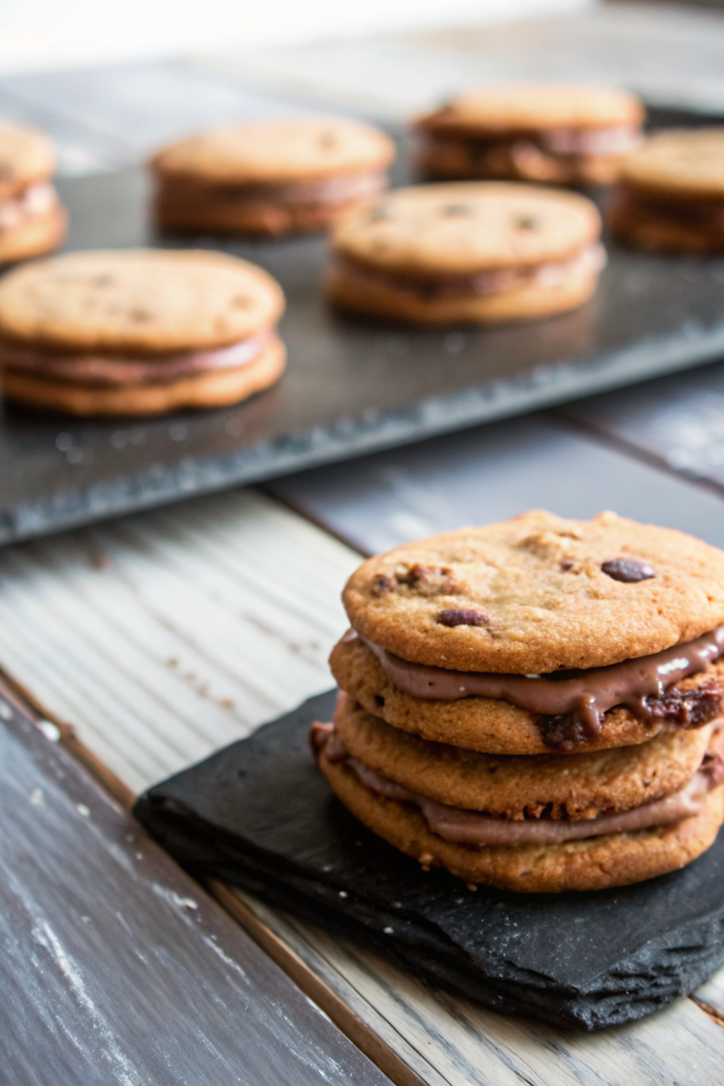 Chocolate Chip Cookie Sandwiches with Nutella Cream Cheese Filling ingredients organized and measured on kitchen counter