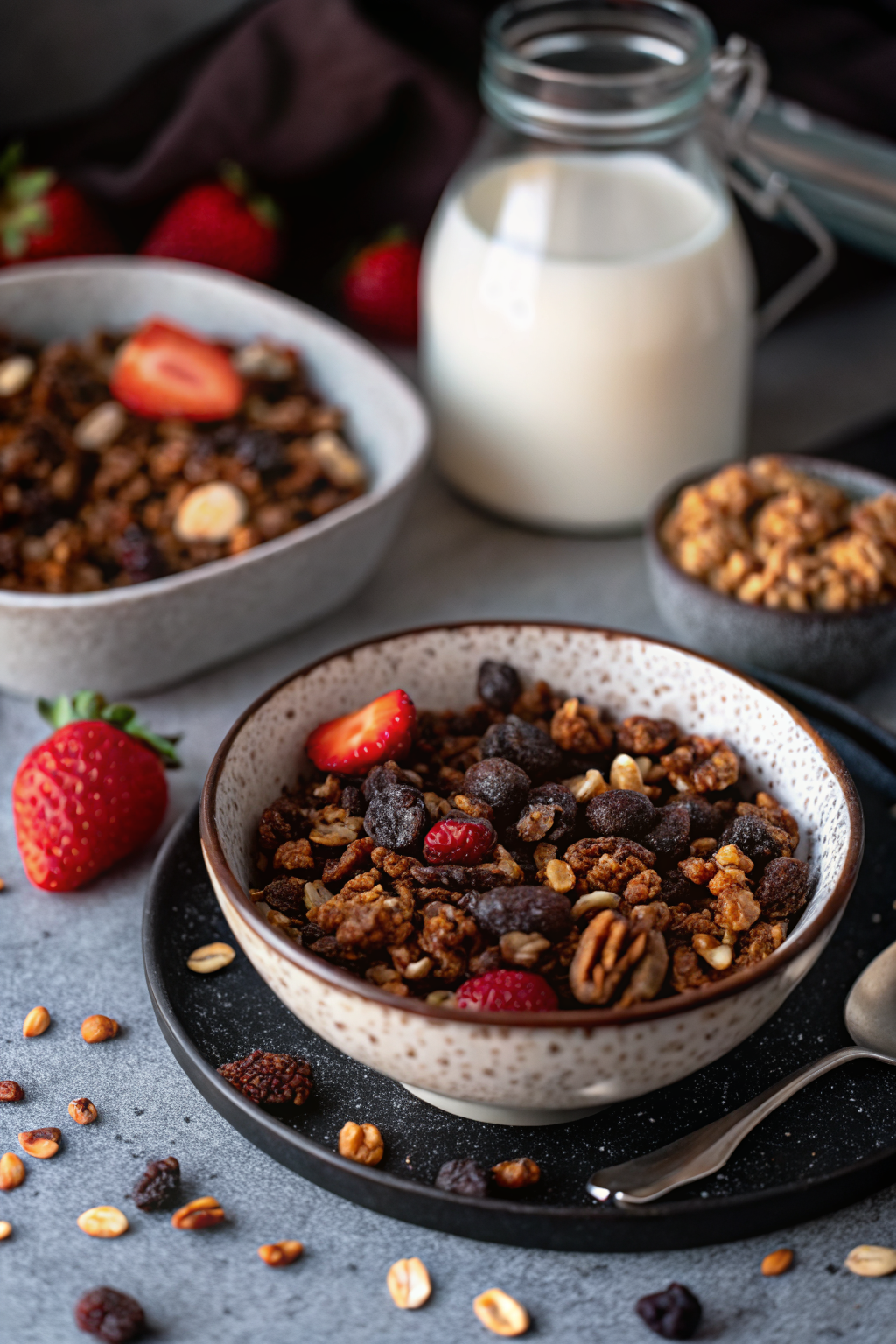 Chocolate Granola beautifully presented from an overhead angle