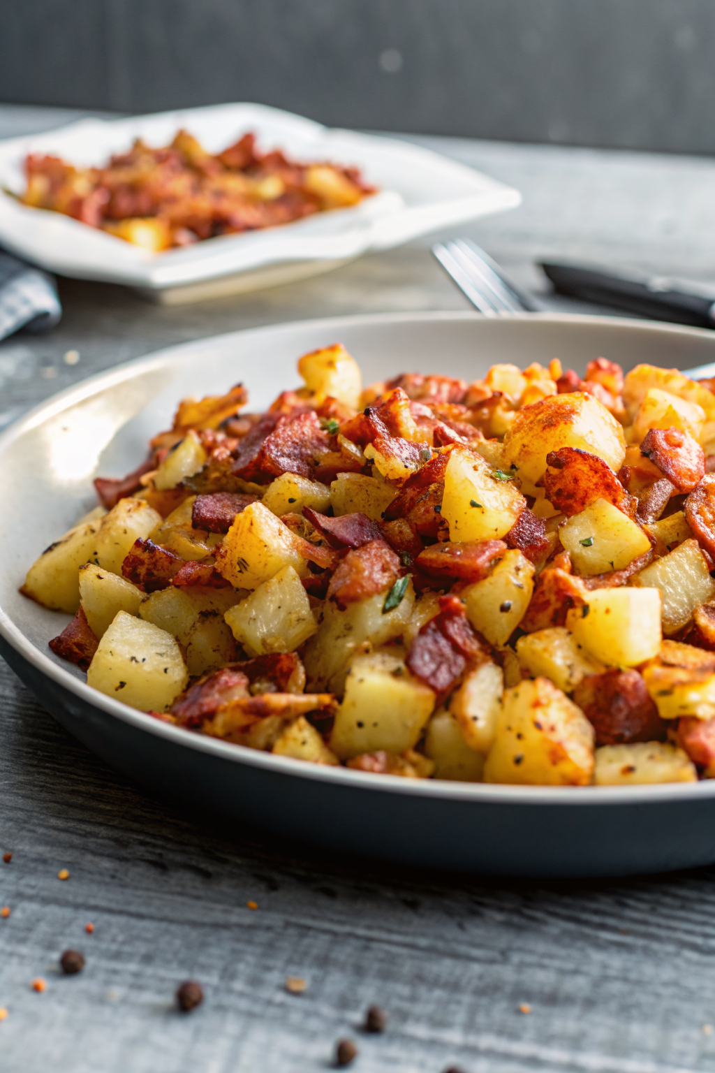 Crispy Cheese Bacon Potatoes beautifully presented from an overhead angle