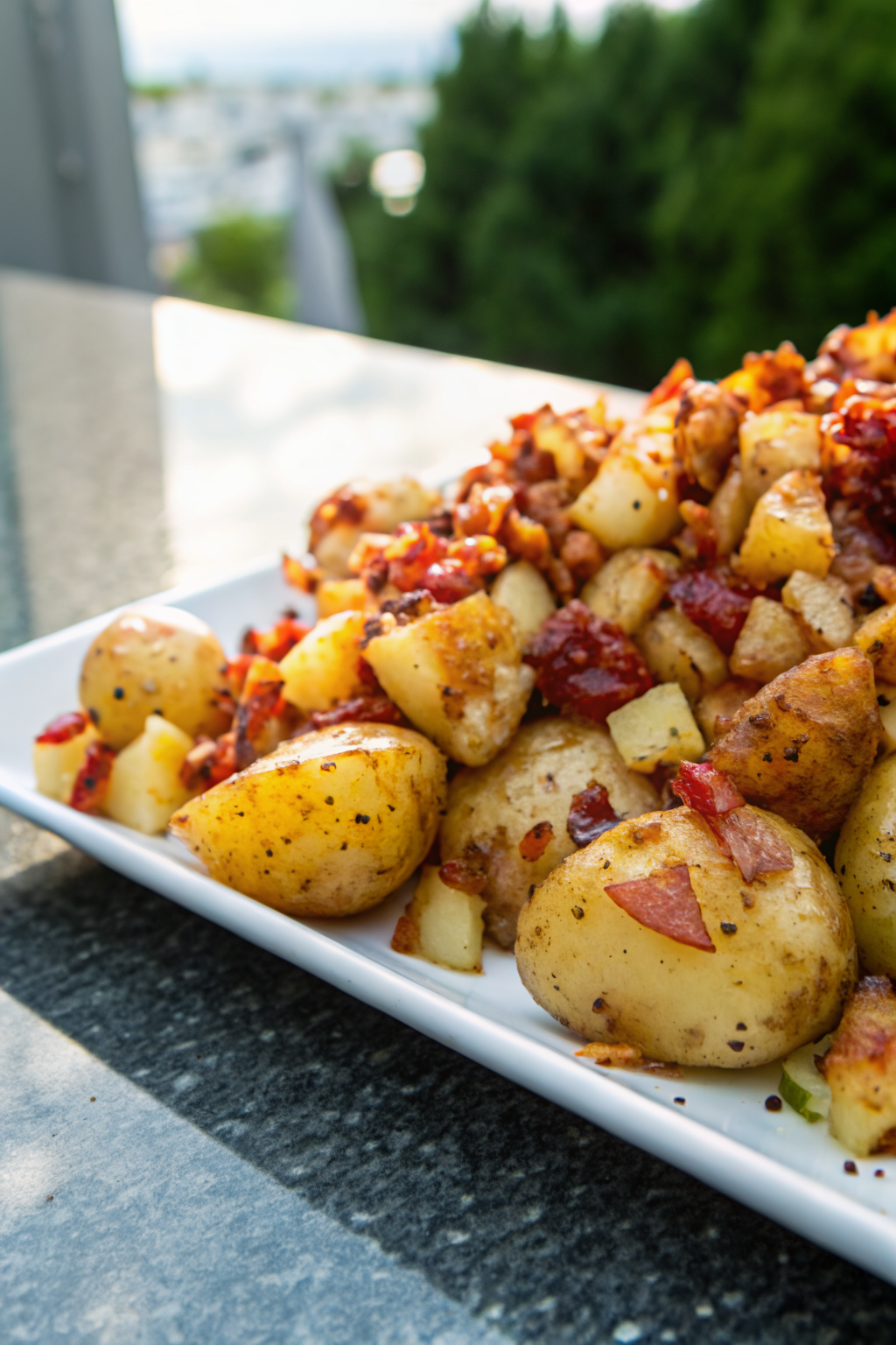 Crispy Cheese Bacon Potatoes ingredients organized and measured on kitchen counter