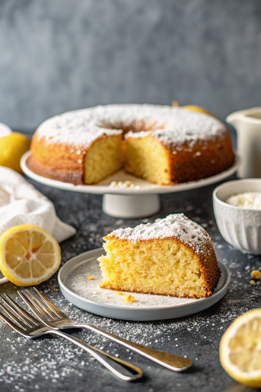 Lemon Bundt Cake beautifully presented from an overhead angle