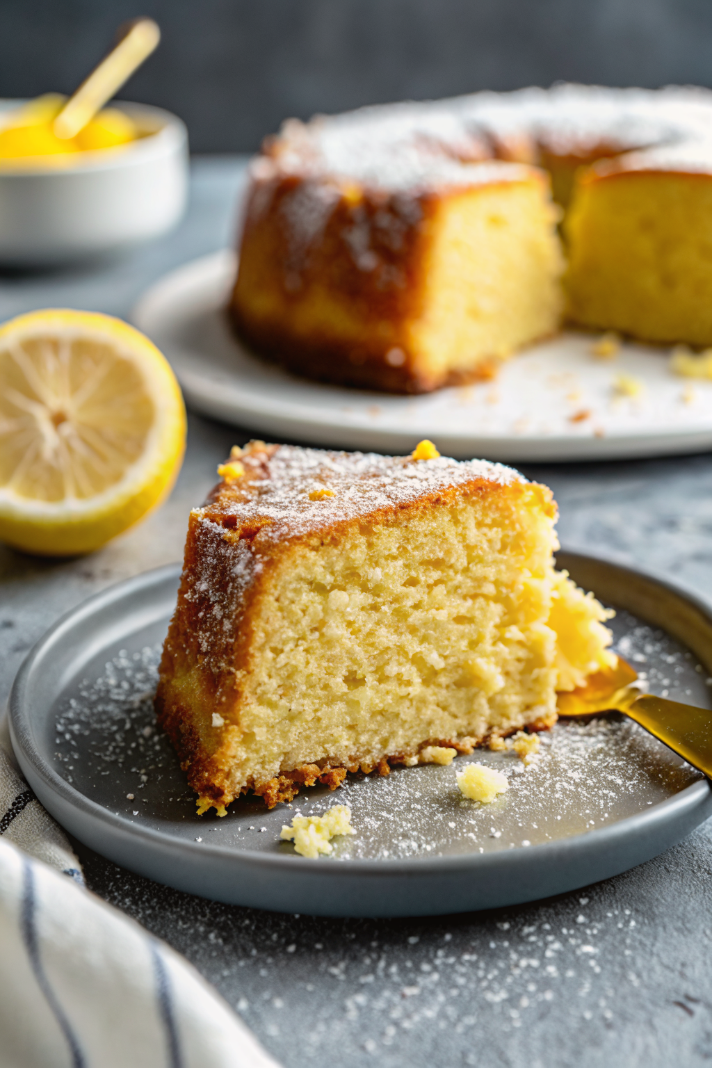 Lemon Bundt Cake slice on plate showing perfect texture and swirl pattern