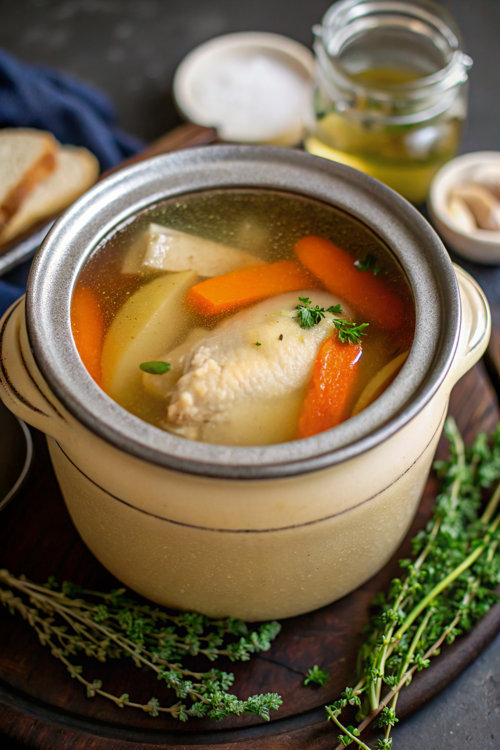 Homemade Chicken Broth beautifully presented from an overhead angle