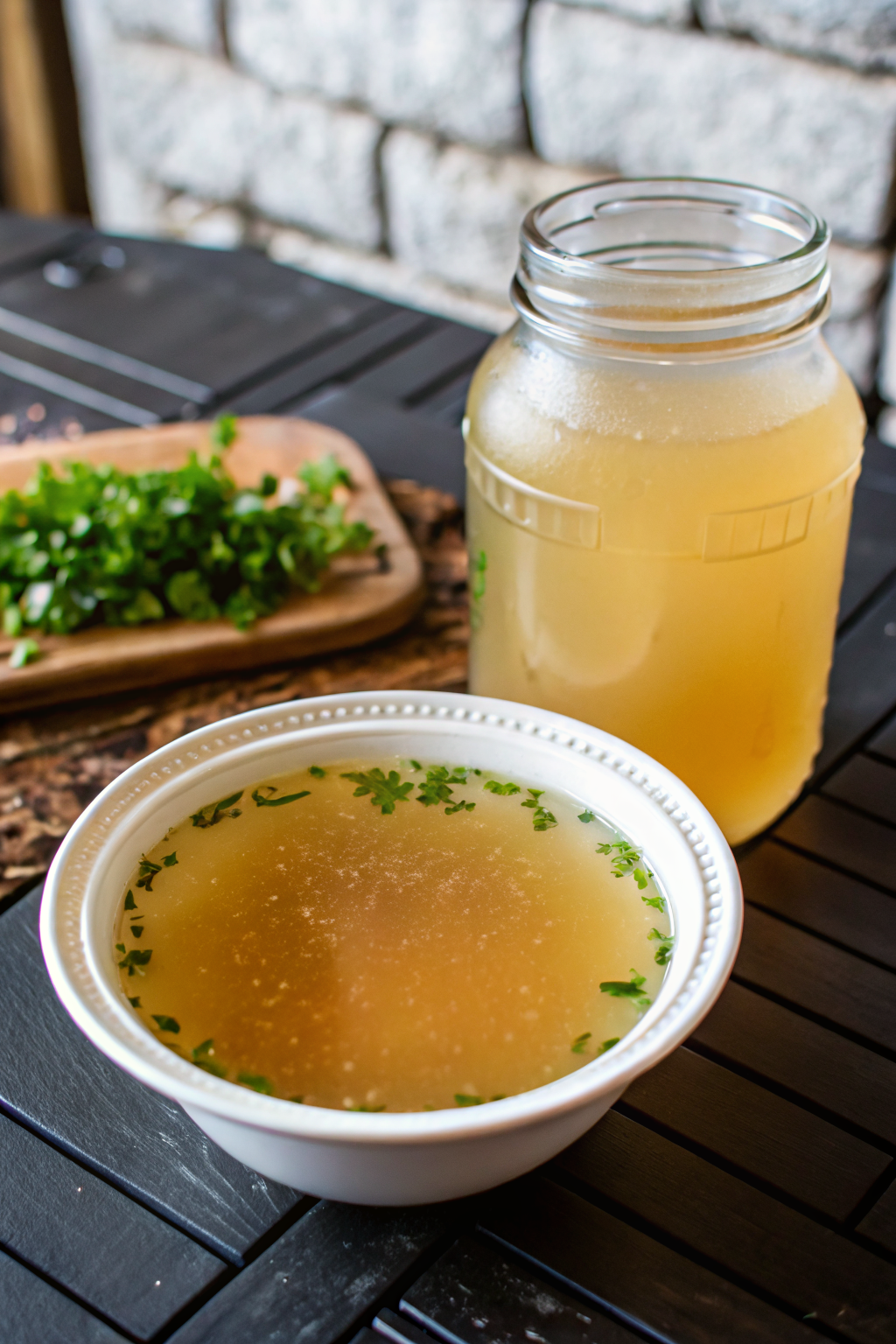 Homemade Chicken Broth slice on plate showing perfect texture and swirl pattern