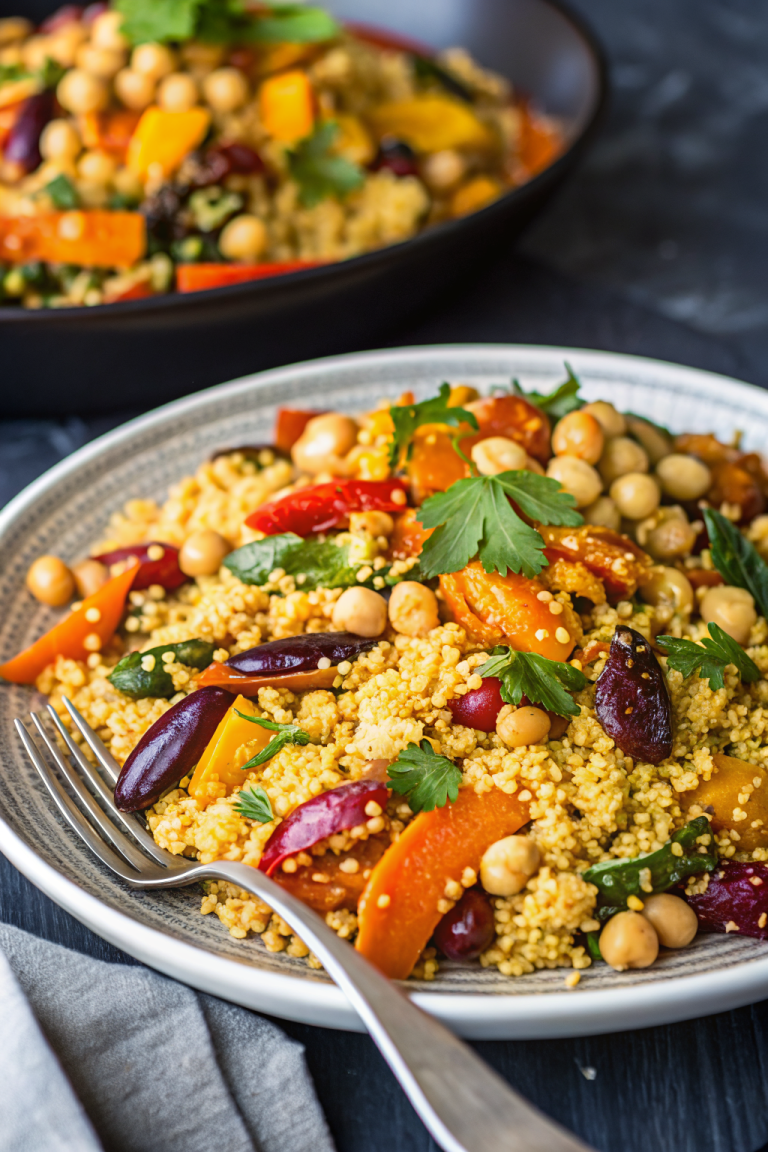Moroccan Couscous Roasted Vegetables Chick Peas Almonds