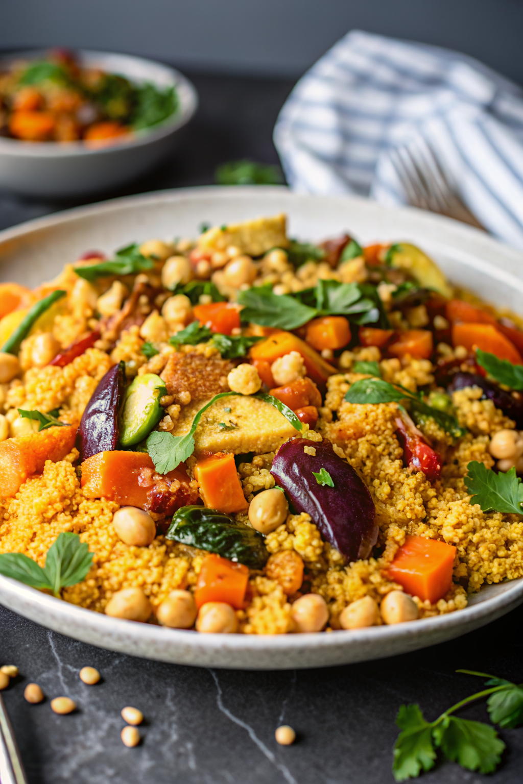 Moroccan Couscous with Roasted Vegetables beautifully presented from an overhead angle