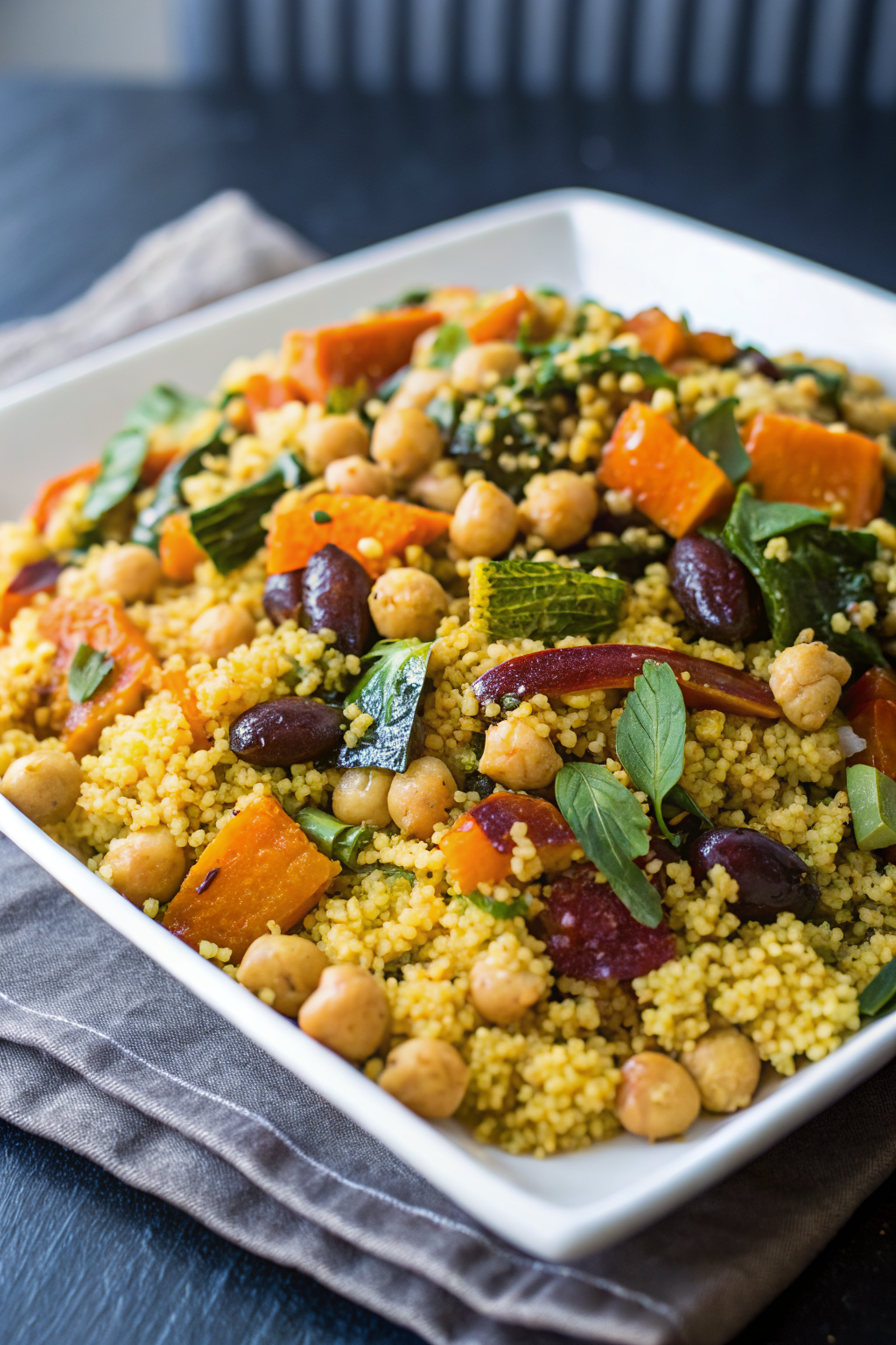 Moroccan Couscous with Roasted Vegetables ingredients organized and measured on kitchen counter