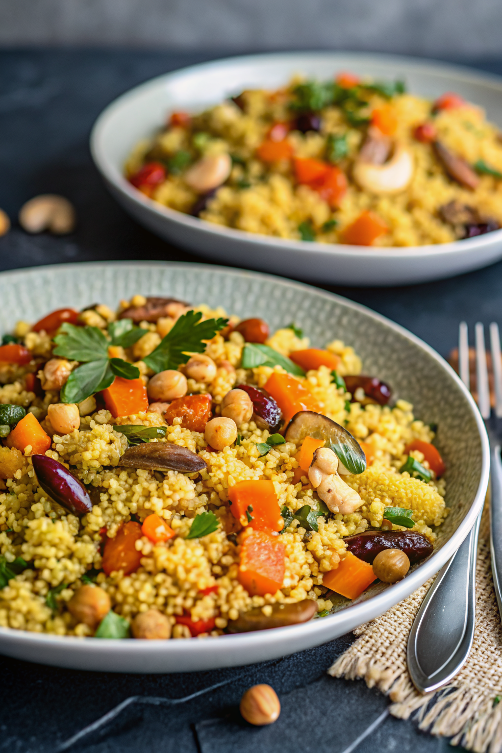 Moroccan Couscous with Roasted Vegetables slice on plate showing perfect texture and swirl pattern