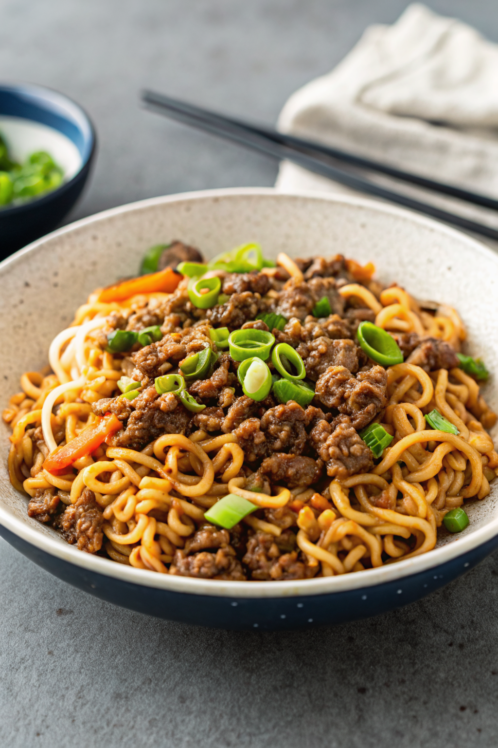 One-Pot Ground Beef Ramen Noodles beautifully presented from an overhead angle