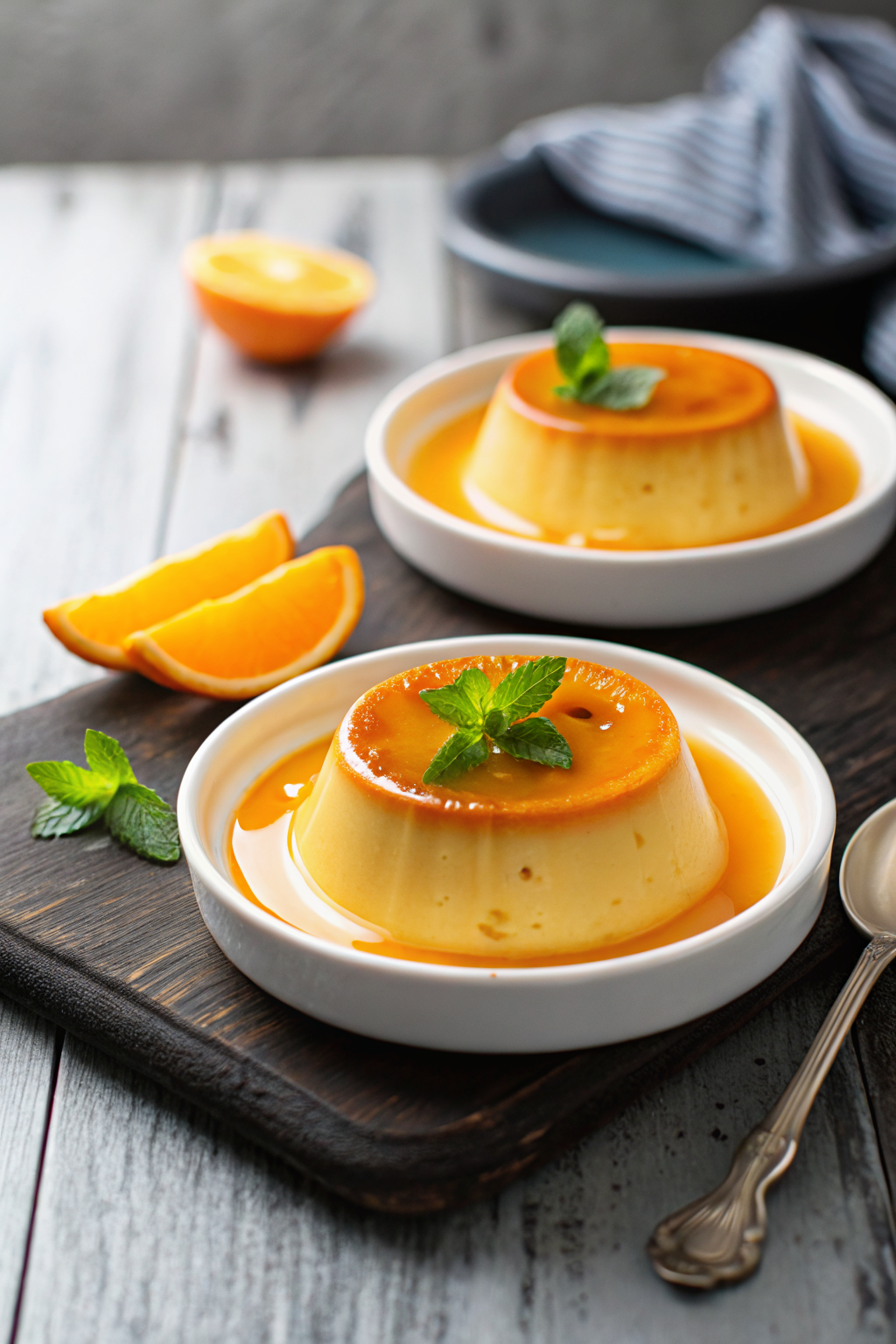 Creamy Orange Custard beautifully presented from an overhead angle
