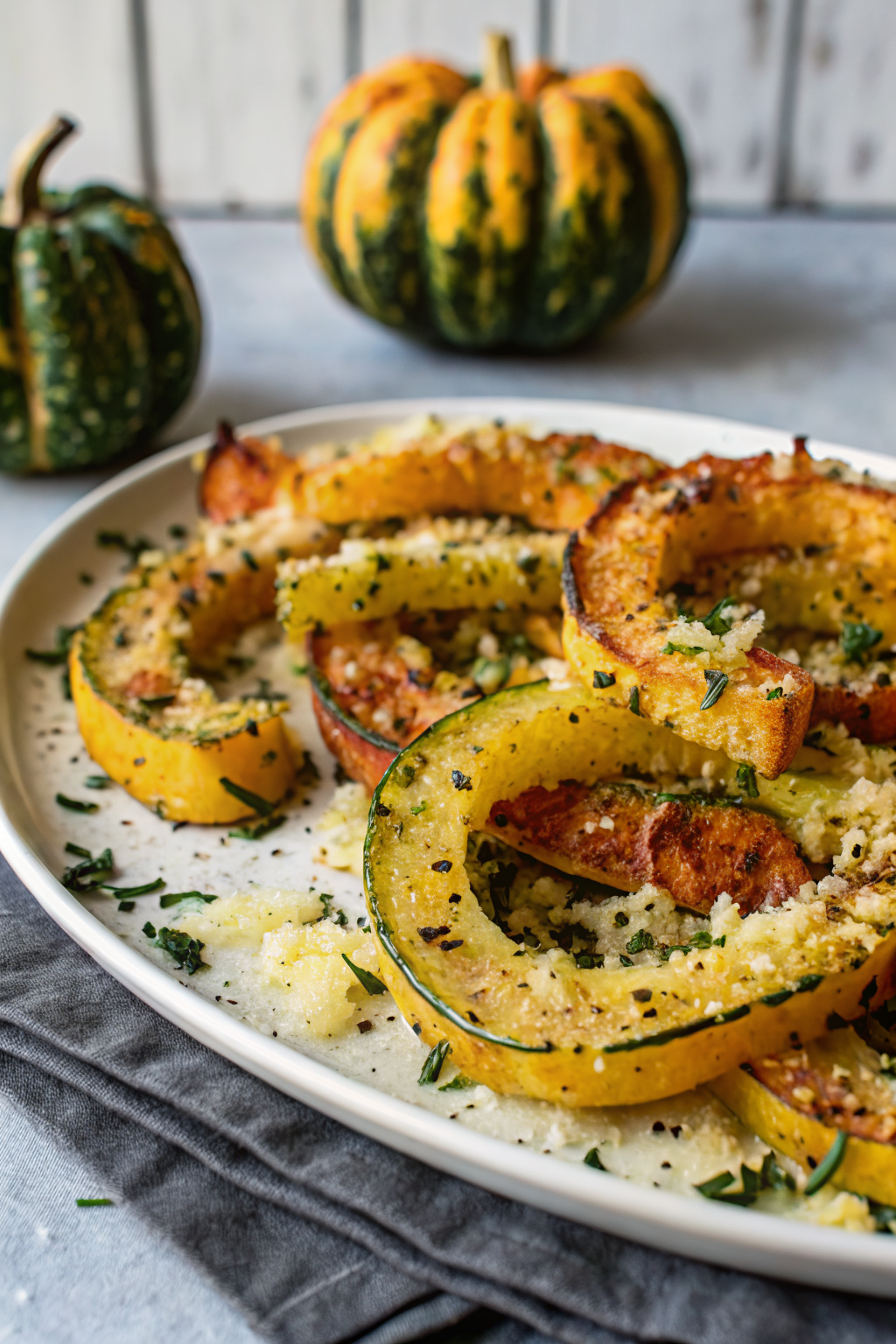 Parmesan Crusted Delicata Squash beautifully presented from an overhead angle
