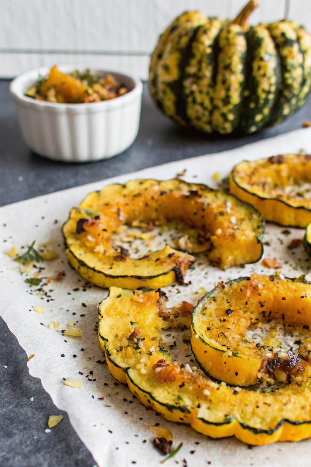 Parmesan Crusted Delicata Squash ingredients organized and measured on kitchen counter