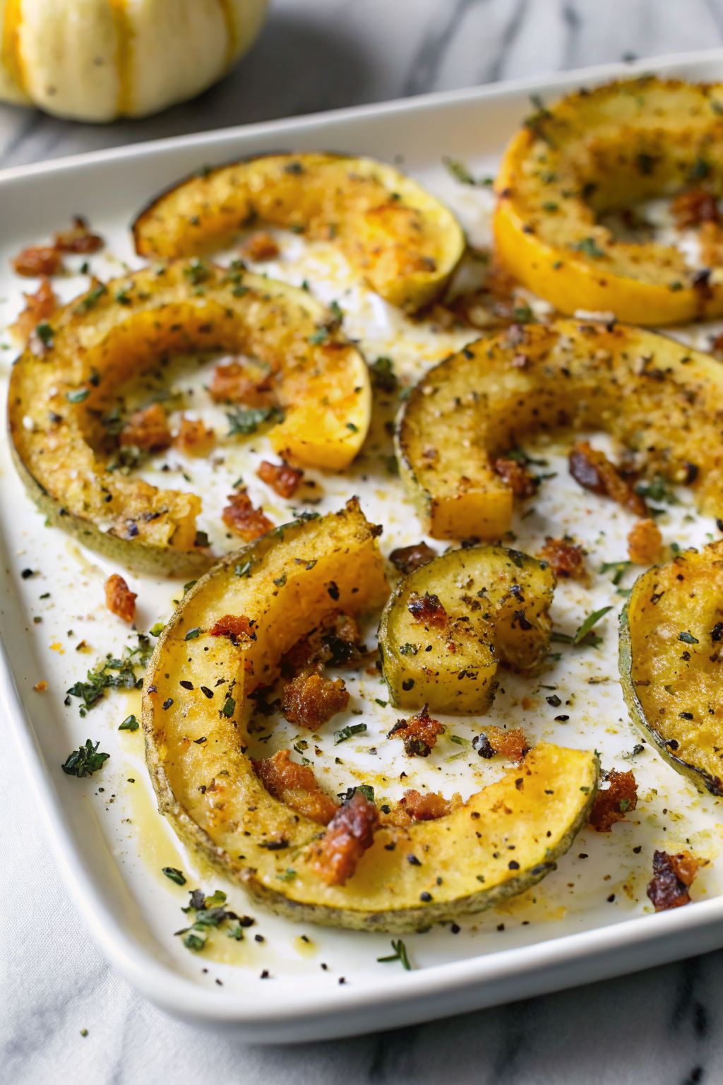 Parmesan Crusted Delicata Squash slice on plate showing perfect texture and swirl pattern