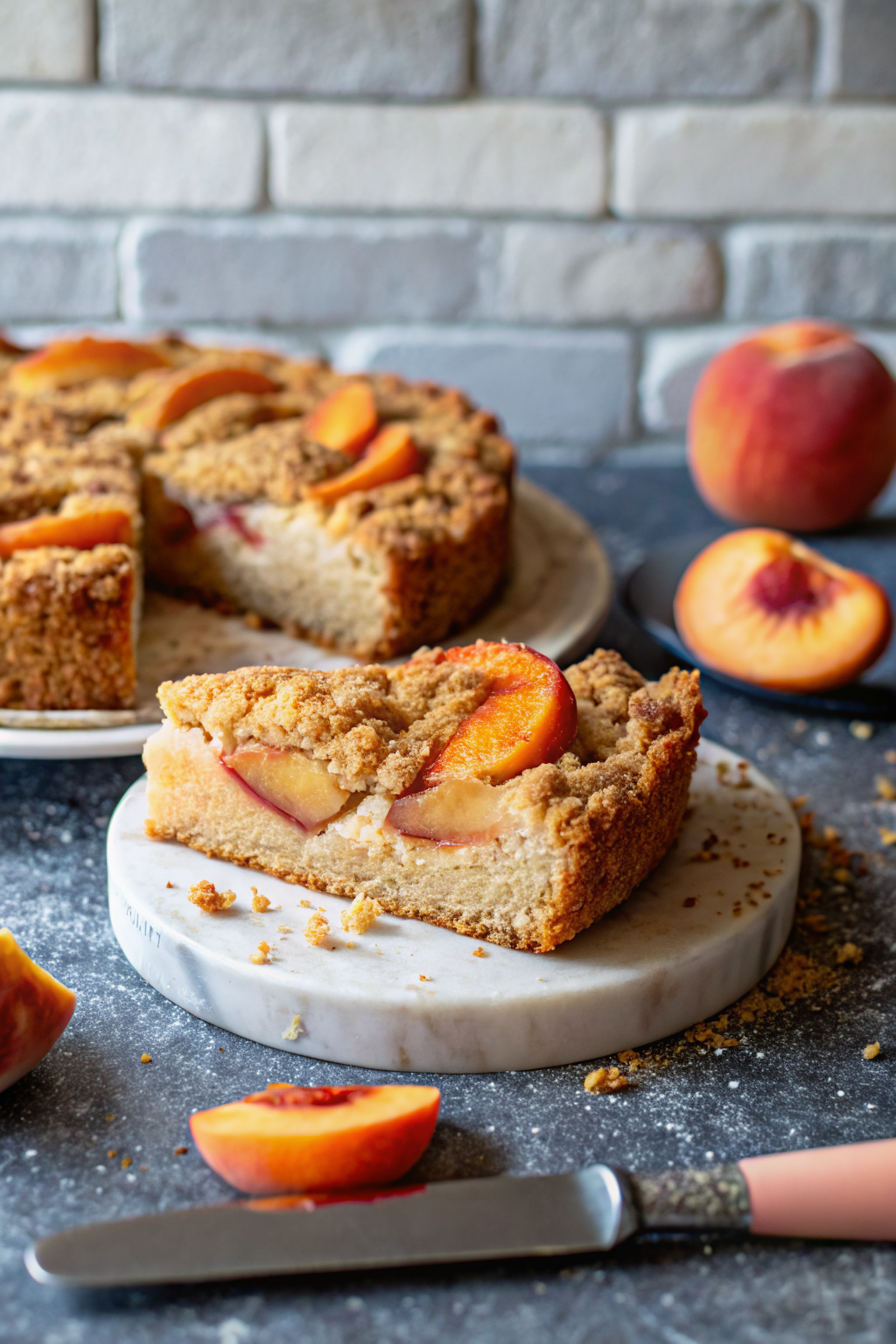 Peach Coffee Cake beautifully presented from an overhead angle