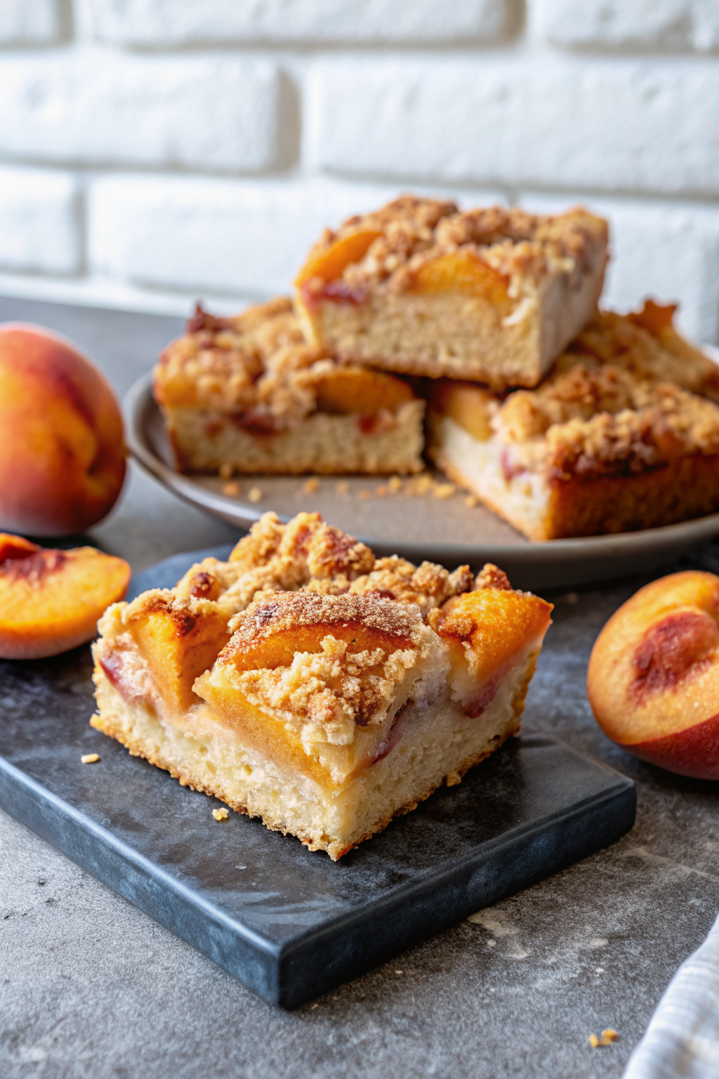 Peach Coffee Cake slice on plate showing perfect texture and swirl pattern