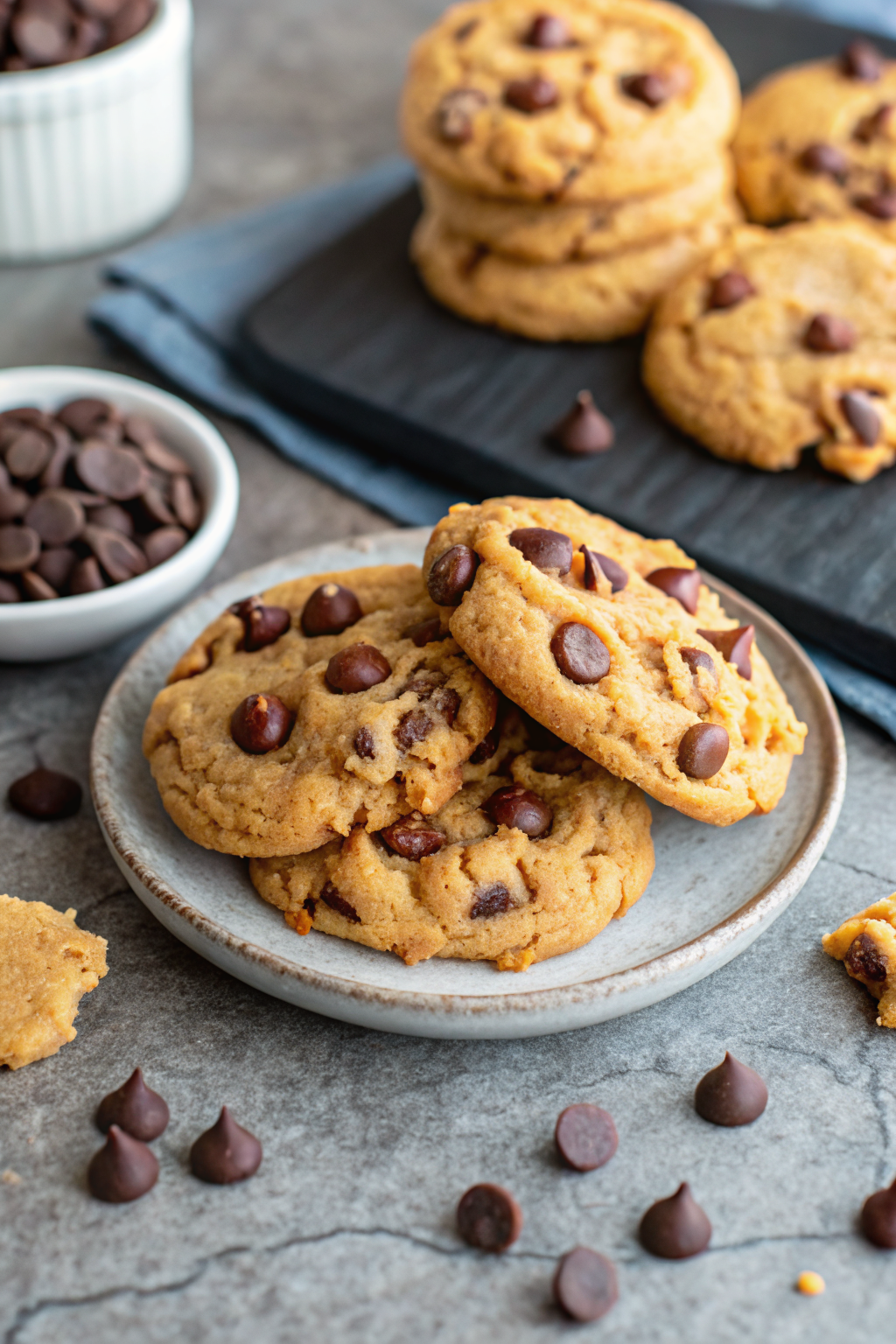 Peanut Butter Chocolate Chip Cookies beautifully presented from an overhead angle
