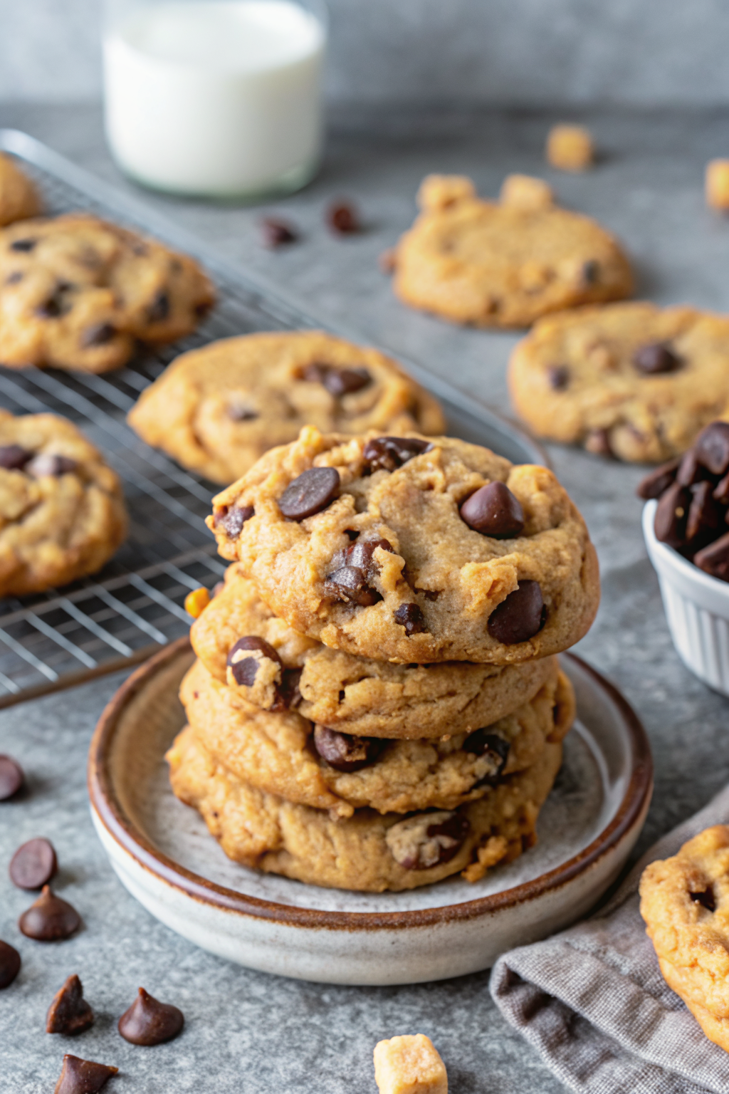 Peanut Butter Chocolate Chip Cookies slice on plate showing perfect texture and swirl pattern