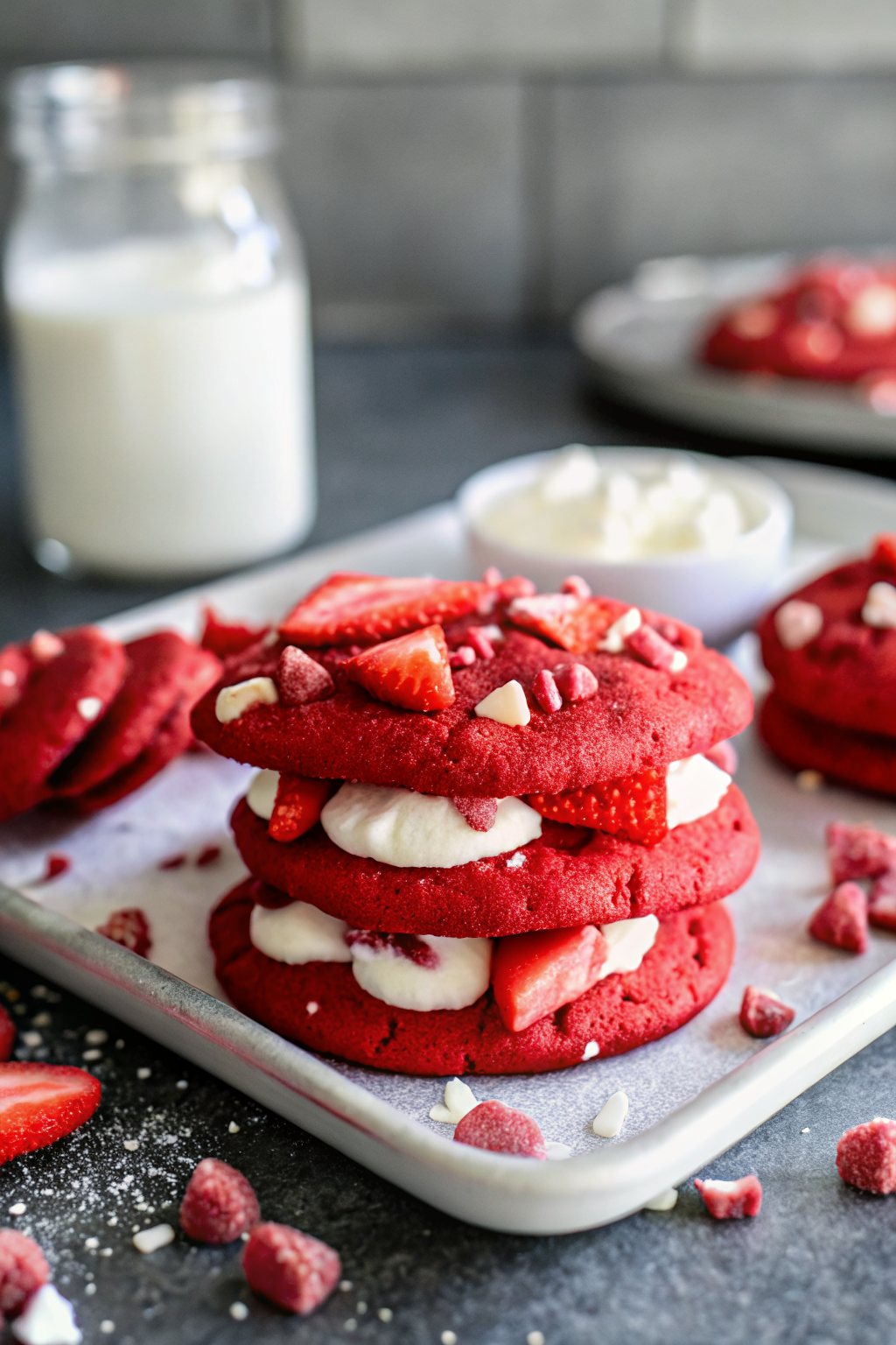 Red Velvet Sugar Cookies beautifully presented from an overhead angle