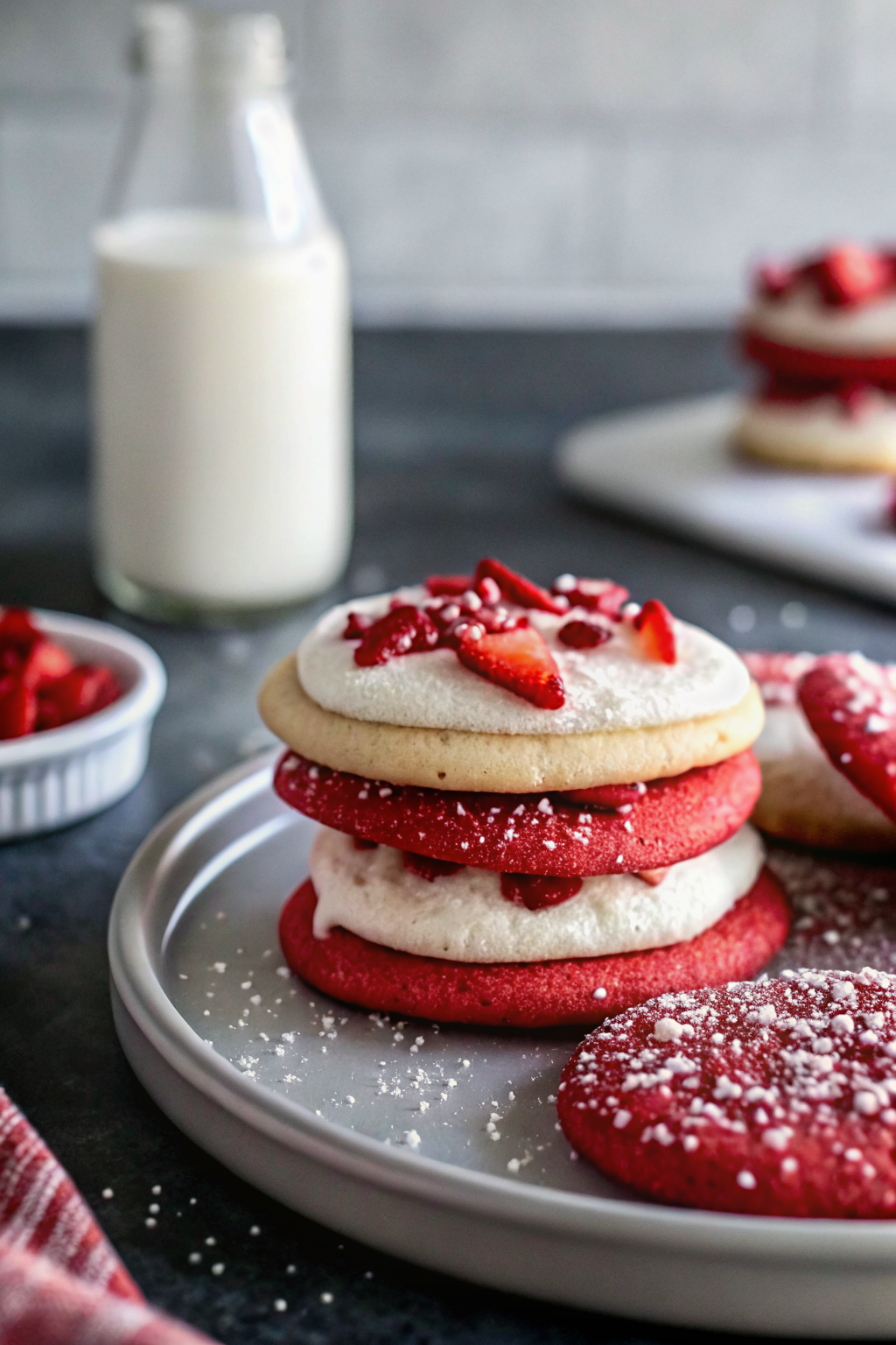 Red Velvet Sugar Cookies slice on plate showing perfect texture and swirl pattern