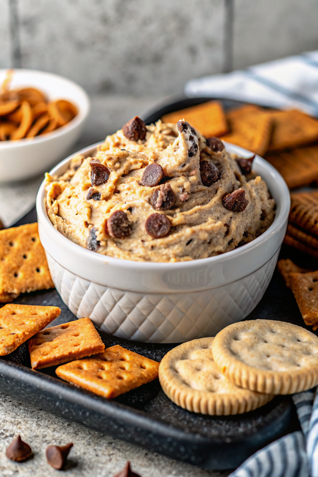Reese's Peanut Butter Cookie Dough Dip beautifully presented from an overhead angle