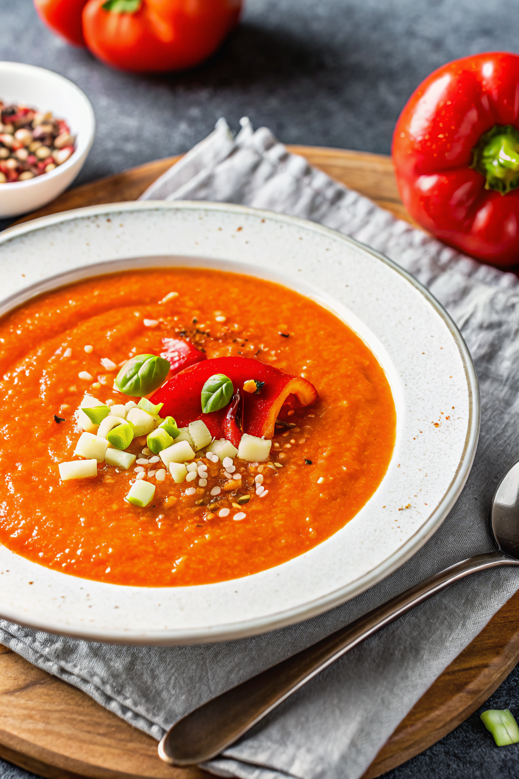 Roasted Red Pepper Soup beautifully presented from an overhead angle