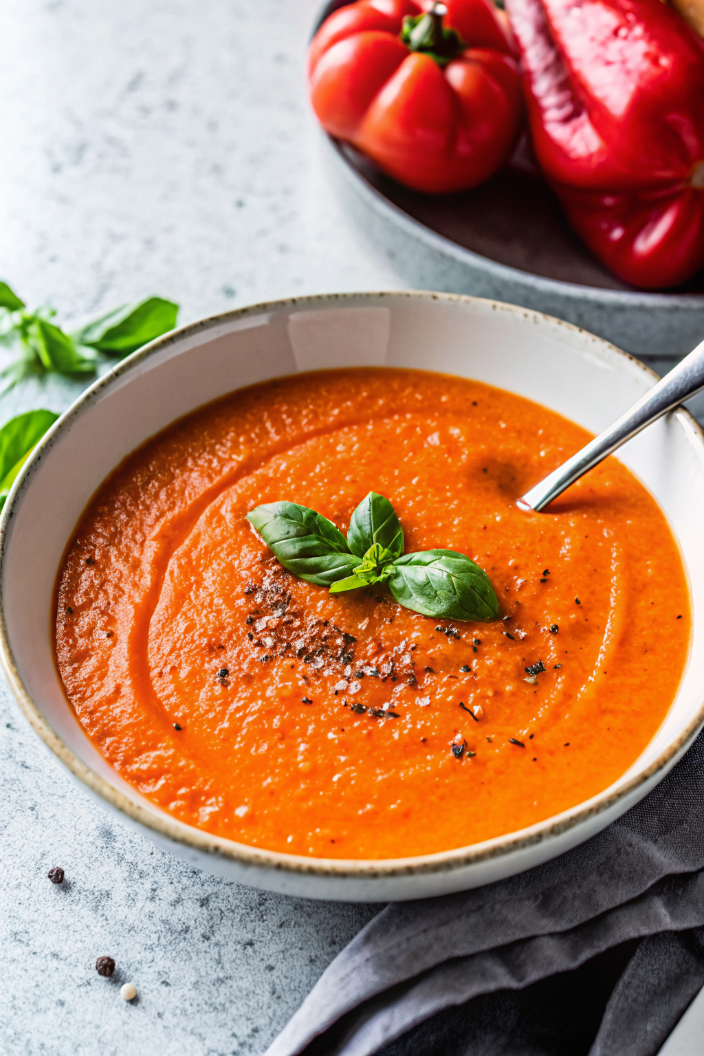 Roasted Red Pepper Soup slice on plate showing perfect texture and swirl pattern