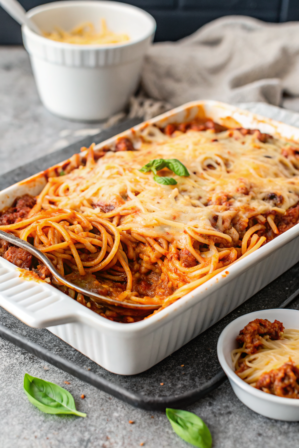 Spaghetti Bake beautifully presented from an overhead angle