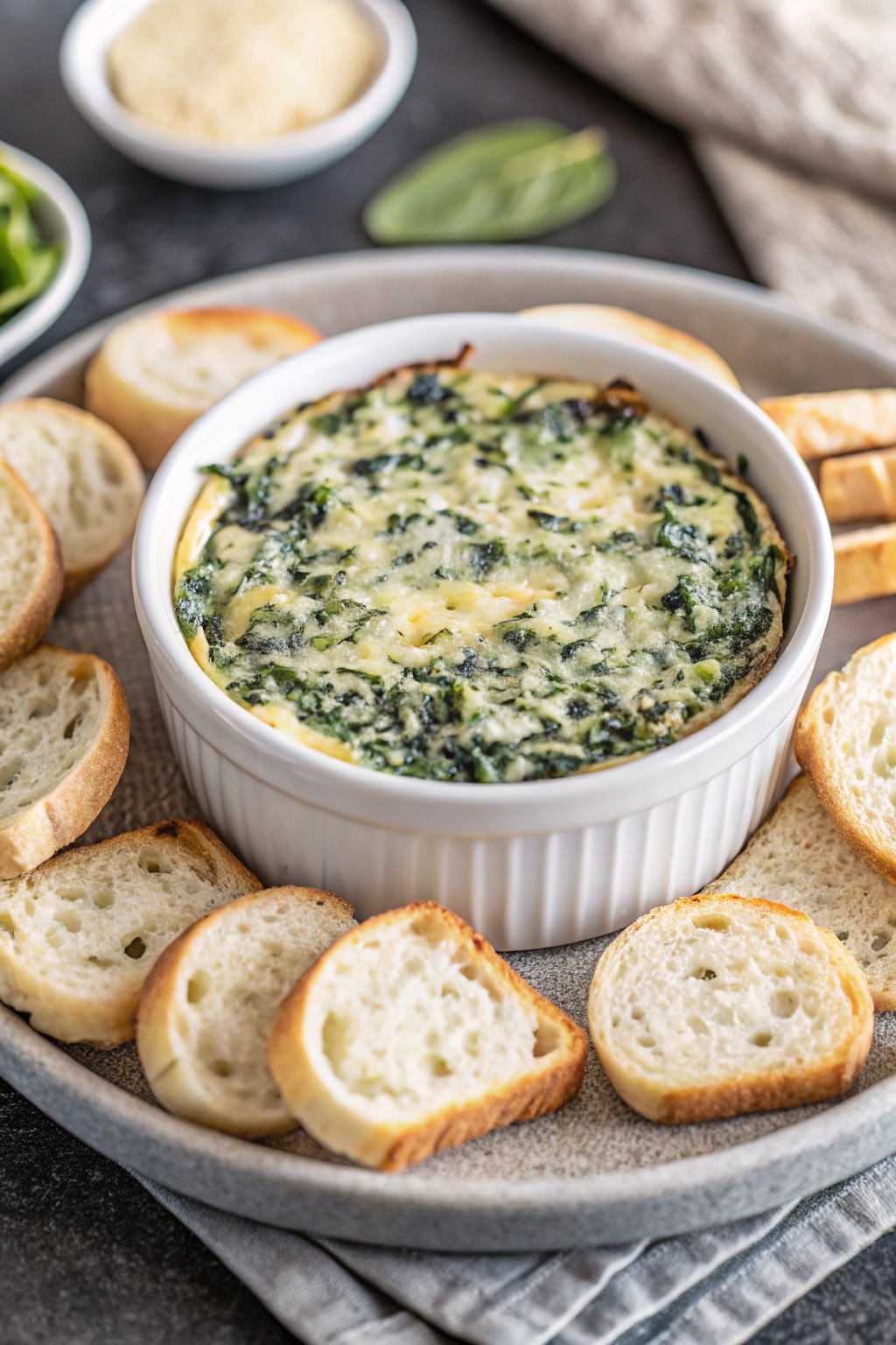 Spinach Artichoke Dip beautifully presented from an overhead angle