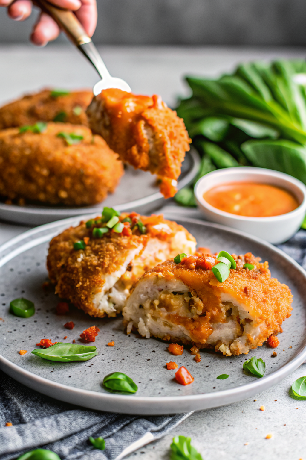 Buffalo Stuffed Chicken Breasts beautifully presented from an overhead angle