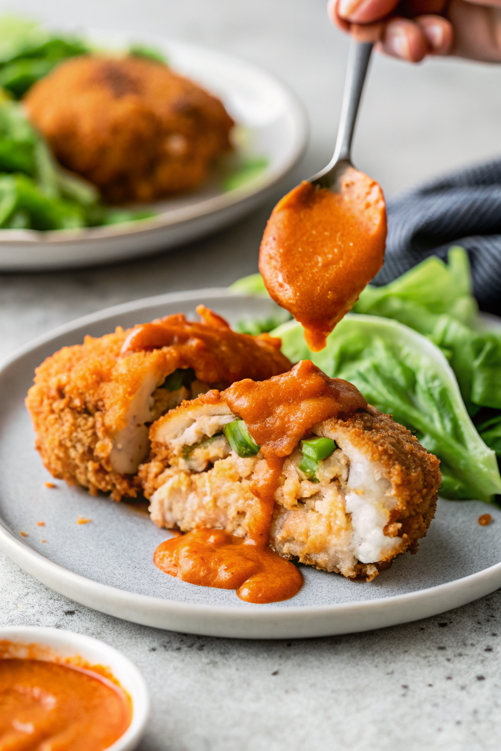 Buffalo Stuffed Chicken Breasts slice on plate showing perfect texture and swirl pattern