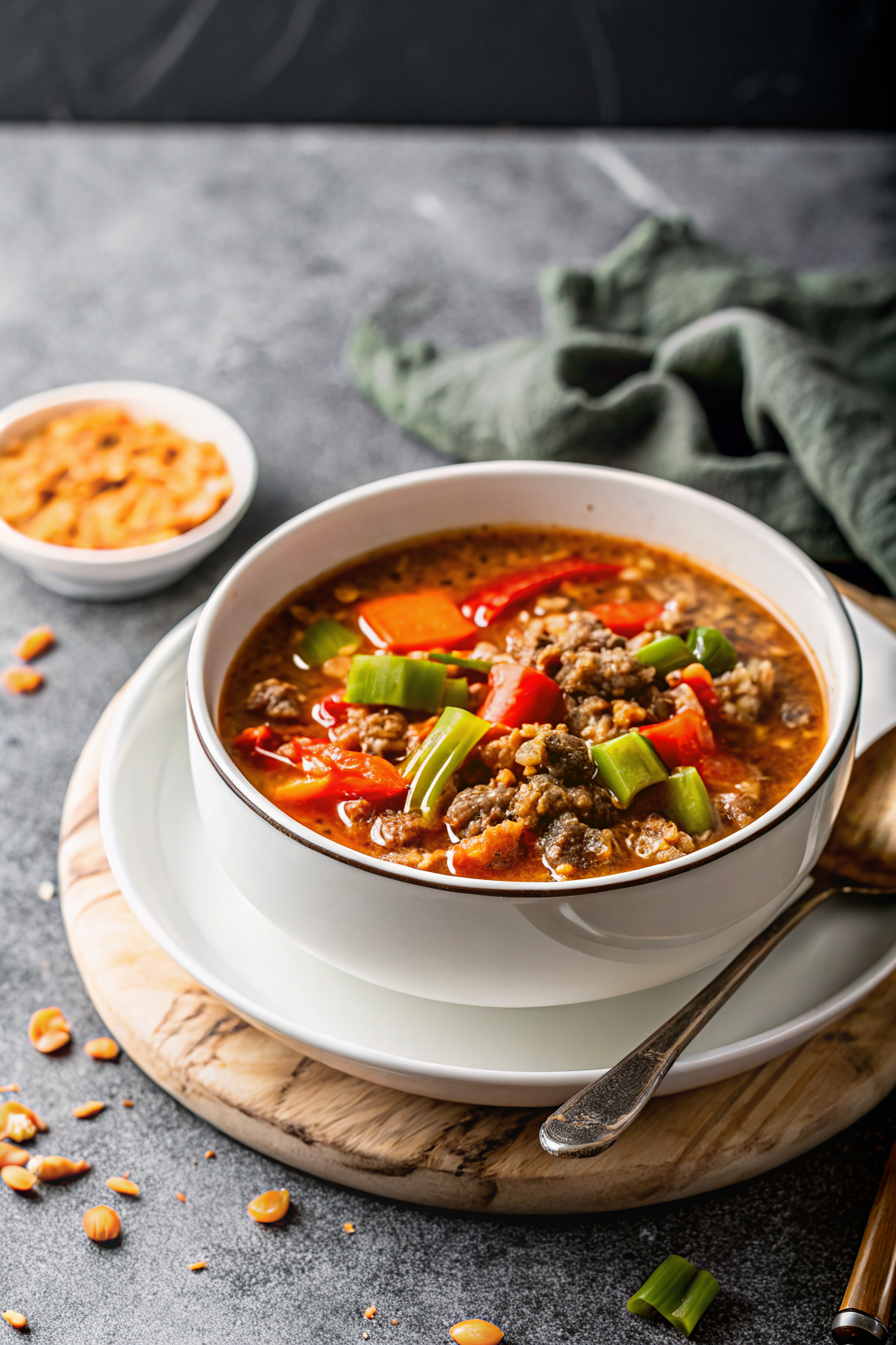 Stuffed Pepper Soup beautifully presented from an overhead angle