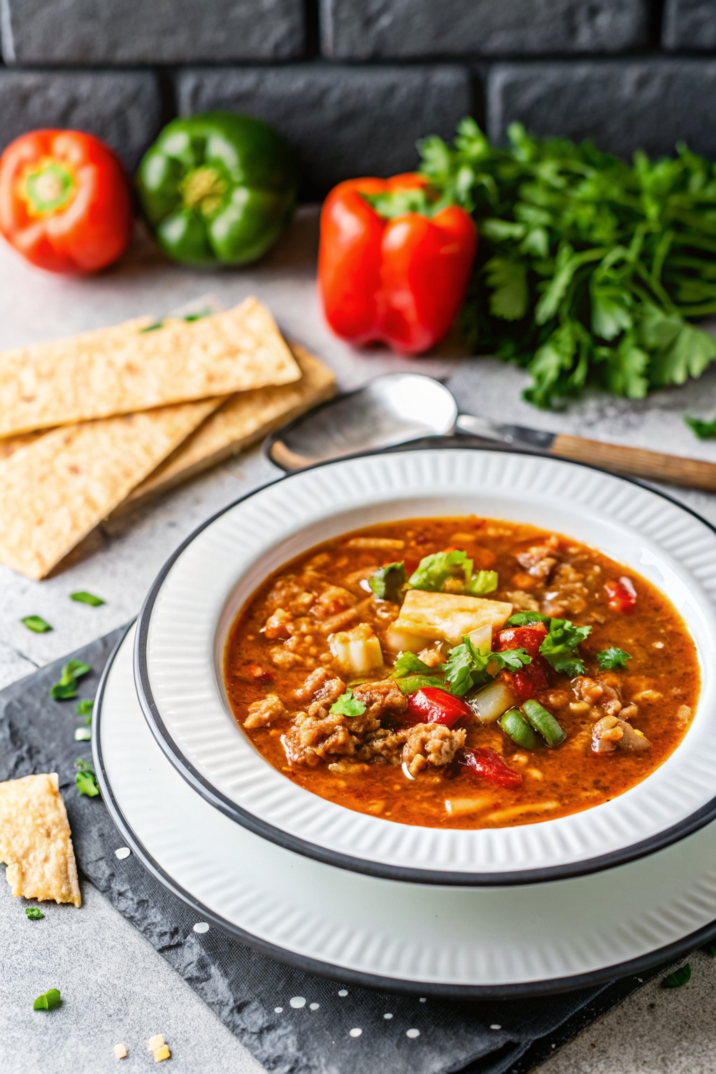 Stuffed Pepper Soup ingredients organized and measured on kitchen counter