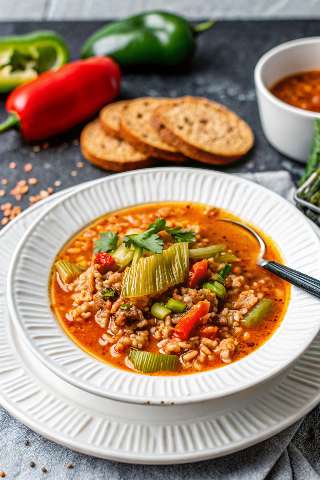 Stuffed Pepper Soup slice on plate showing perfect texture and swirl pattern