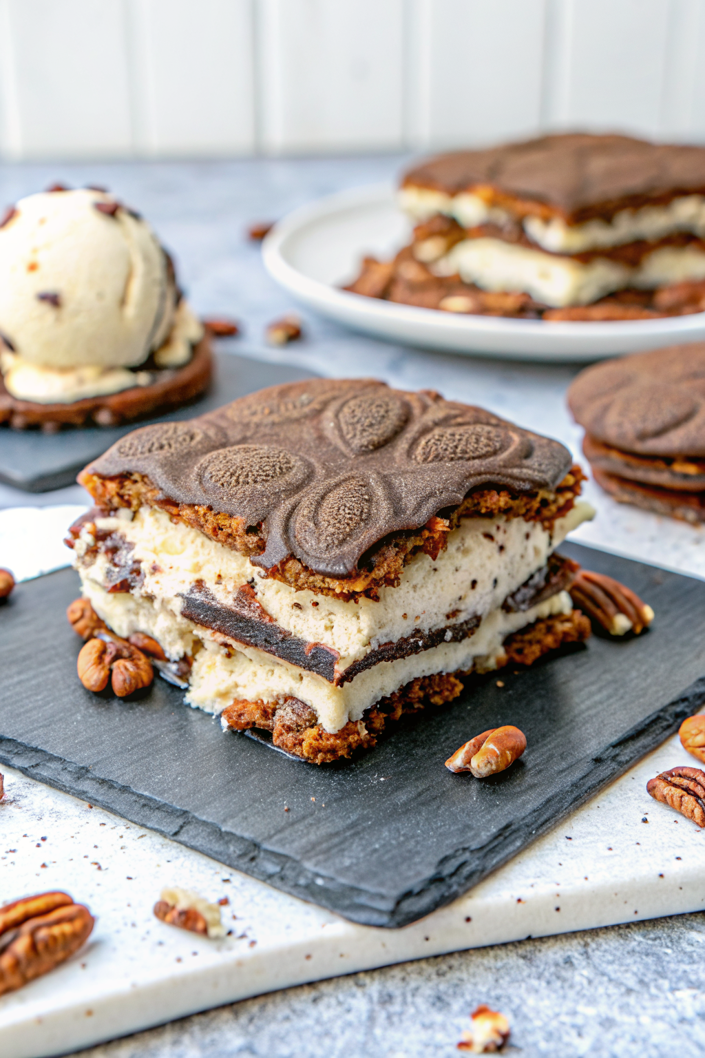 Turtle Ice Cream Sandwich Cake beautifully presented from an overhead angle