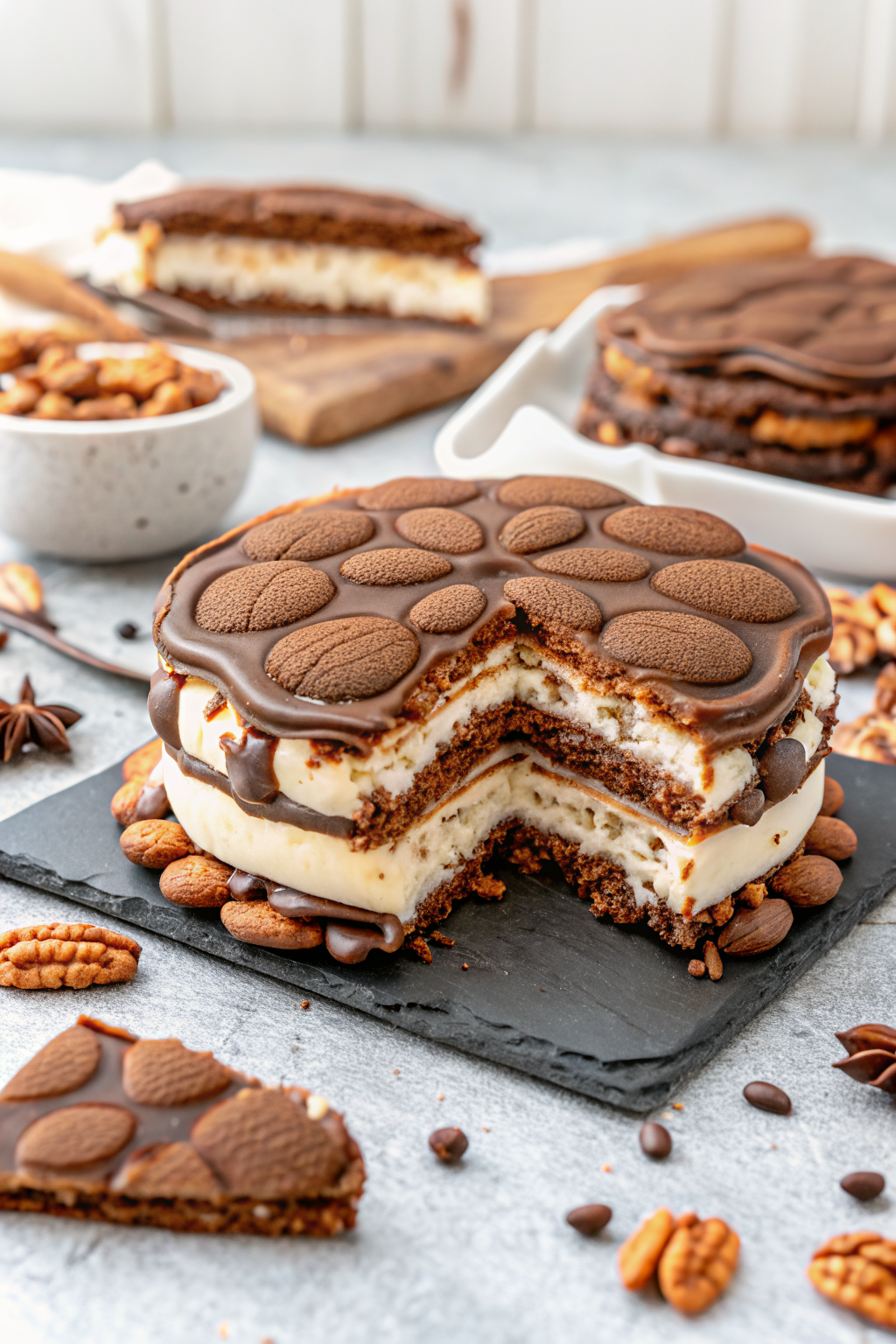 Turtle Ice Cream Sandwich Cake ingredients organized and measured on kitchen counter